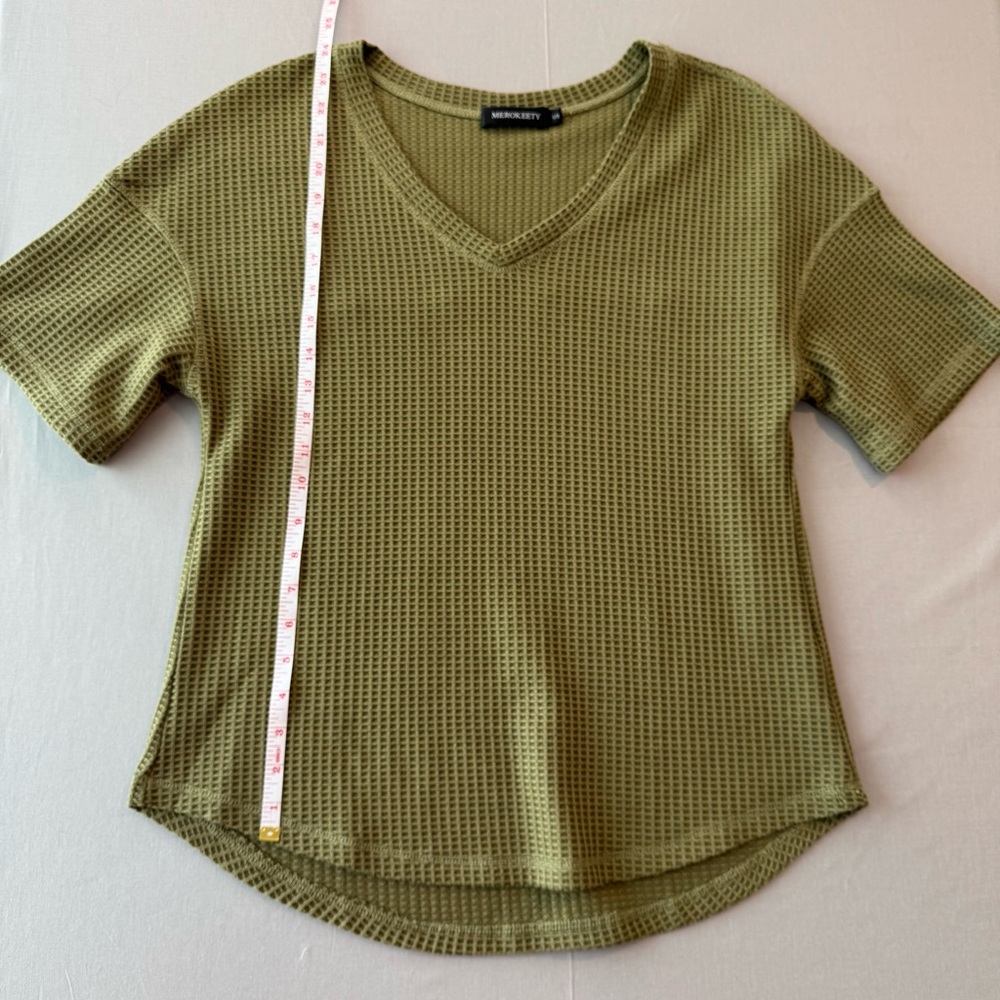 Merokeety Women's Small V-Neck Waffle Knit Top - Olive Green - Picture 5 of 8